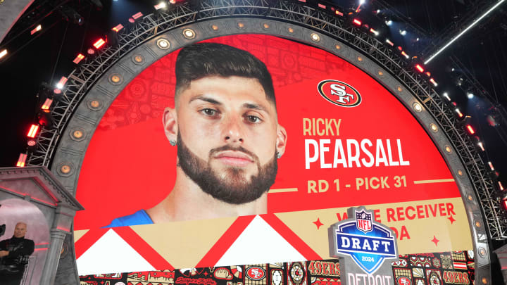 Apr 25, 2024; Detroit, MI, USA; Florida Gators wide receiver Ricky Pearsall is selected as the No. 31 pick of the first round by the San Francisco 49ers during the 2024 NFL Draft at Campus Martius Park and Hart Plaza. Mandatory Credit: Kirby Lee-USA TODAY Sports