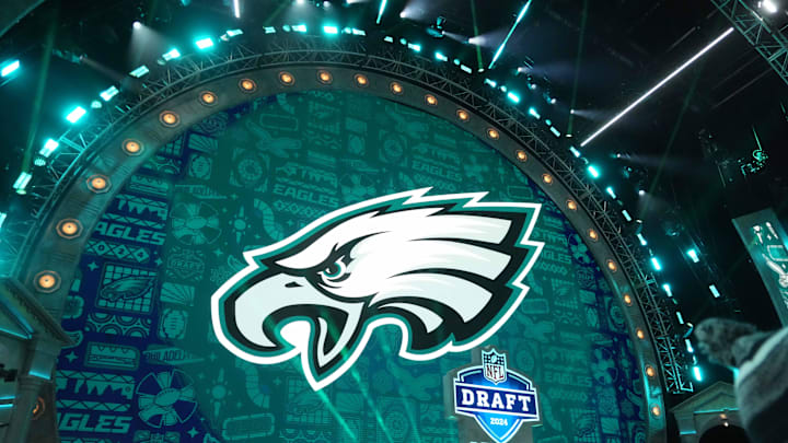 Apr 25, 2024; Detroit, MI, USA; A Philadelphia Eagles logo during the 2024 NFL Draft at Campus Martius Park and Hart Plaza. Mandatory Credit: Kirby Lee-Imagn Images