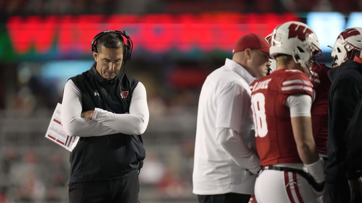 Nov 11, 2023; Madison, Wisconsin, USA; Wisconsin head coach Luke Fickell is shown during the fourth quarter of their game against the Northwestern Wildcats at Camp Randall Stadium. Mandatory Credit: Mark Hoffman-USA TODAY Sports