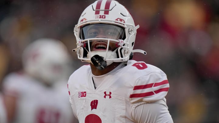 Nov 25, 2023; Minneapolis, Minnesota, USA; Wisconsin Badgers wide receiver Will Pauling (6) after scoring against the Minnesota Golden Gophers during the second quarter at Huntington Bank Stadium. Mandatory Credit: Mark Hoffman/Milwaukee Journal Sentinel via USA TODAY NETWORK