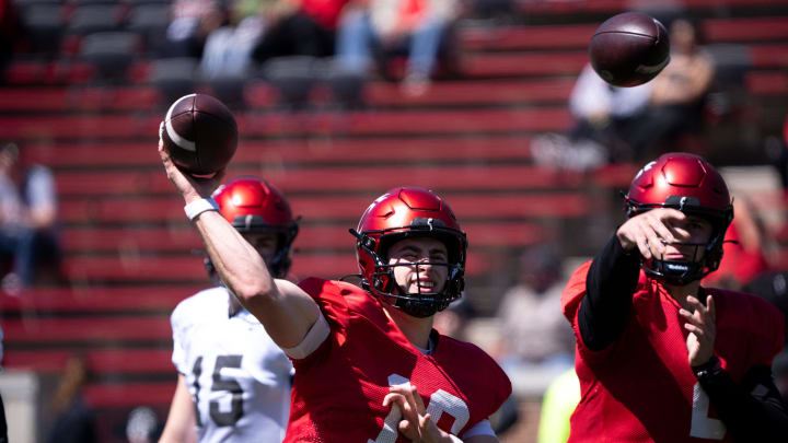 Cincinnati Bearcats quarterback Brady Lichtenberg (16) throws a pass during the University of Cincinnati annual Red and Black Spring football game and practice at Nippert Stadium in Cincinnati on Saturday, April 13, 2024.