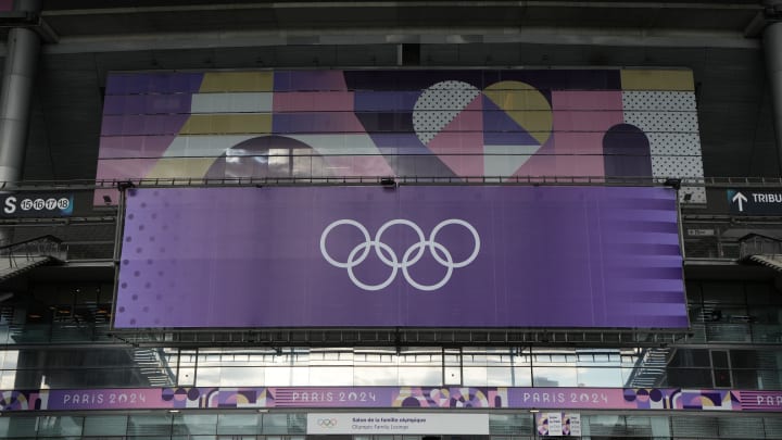 Jul 22, 2024, Saint-Denis France; A general overall view of the Olympic rings at Stade de France, the site of the 2024 Paris Olympics rugby and athletics competition and the closing ceremonies. Mandatory Credit: Kirby Lee-USA TODAY Sports