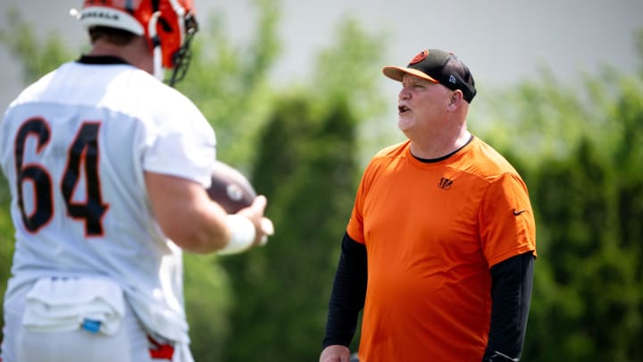 Cincinnati Bengals offensive line coach Frank Pollack coaches at the Bengals NFL practice in Cincinnati on Tuesday, June 4, 2024.