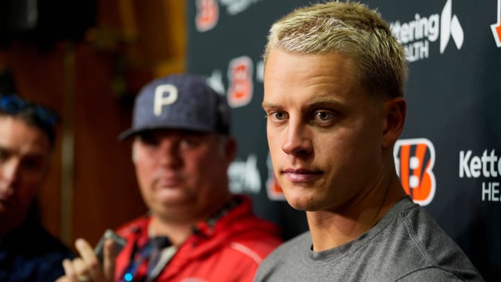 Cincinnati Bengals quarterback Joe Burrow (9) talks in a press conference after practice at the Chicago Bears Halas Hall practice facility in Lake Forest, Ill., on Thursday, Aug. 15, 2024.