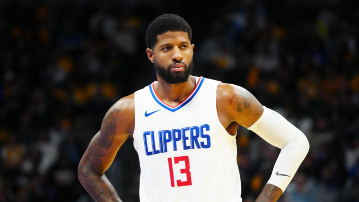 Nov 14, 2023; Denver, Colorado, USA; LA Clippers forward Paul George (13) reacts during in the second half against the Denver Nuggets at Ball Arena. Mandatory Credit: Ron Chenoy-USA TODAY Sports