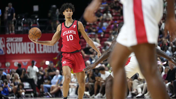 Jul 12, 2024; Las Vegas, NV, USA;  Atlanta Hawks forward Zaccharie Risacher (10) looks to pass the ball against the Washington Wizards during the first half at Thomas & Mack Center. Mandatory Credit: Lucas Peltier-Imagn Images