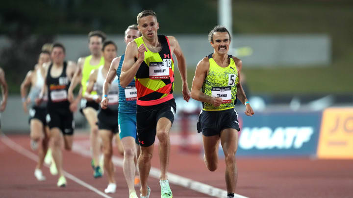 May 19, 2022; Walnut, CA, USA; Neil Gourley (GBR) defeats Sam Tanner (NZL) to win the 1,500m, 3:35.43 to 3:35.61, during the USATF Distance Classic at Hilmer Lodge Stadium. Mandatory Credit: Kirby Lee-USA TODAY Sports