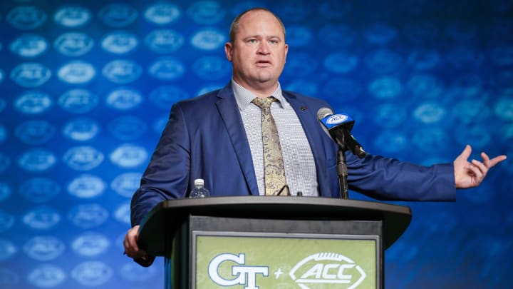 Jul 25, 2023; Charlotte, NC, USA;  Georgia Tech head coach Brent Key answers questions during ACC Media Days at The Westin Charlotte. Mandatory Credit: Jim Dedmon-USA TODAY Sports