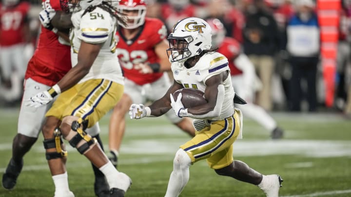 Nov 25, 2023; Atlanta, Georgia, USA; Georgia Tech Yellow Jackets running back Jamal Haynes (11) runs against the Georgia Bulldogs at Hyundai Field. Mandatory Credit: Dale Zanine-USA TODAY Sports