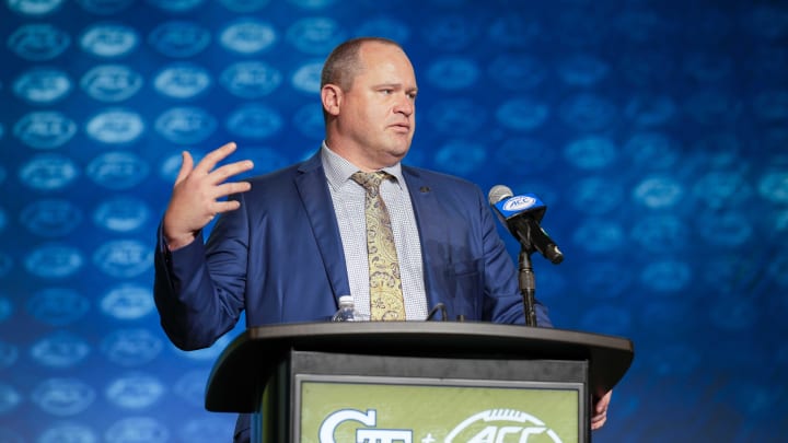 Jul 25, 2023; Charlotte, NC, USA;  Georgia Tech head coach Brent Key answers questions during ACC Media Days at The Westin Charlotte. Mandatory Credit: Jim Dedmon-USA TODAY Sports