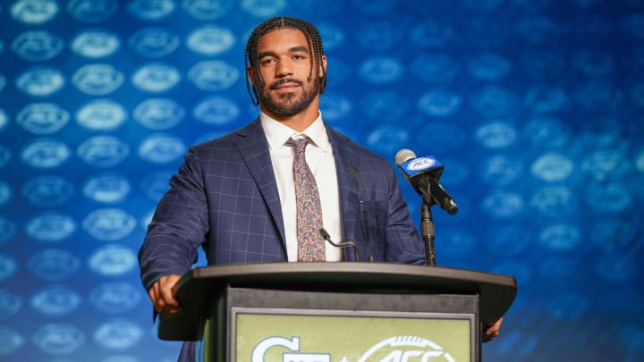 Jul 25, 2023; Charlotte, NC, USA;  Georgia Tech defensive lineman Sylvain Yondjouen  answers questions during ACC Media Days at The Westin Charlotte. Mandatory Credit: Jim Dedmon-USA TODAY Sports