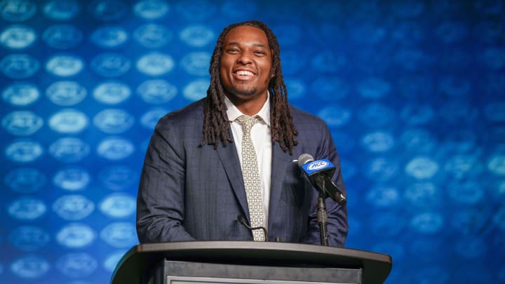 Jul 25, 2023; Charlotte, NC, USA; Georgia Tech offensive lineman Jordan Williams answers questions during ACC Media Days at The Westin Charlotte. Mandatory Credit: Jim Dedmon-USA TODAY Sports