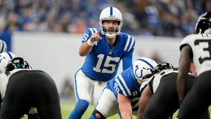 Indianapolis Colts quarterback Joe Flacco (15) yells from the line of scrimmage Sunday, Jan. 5, 2025, during a game against the Jacksonville Jaguars at Lucas Oil Stadium in Indianapolis.