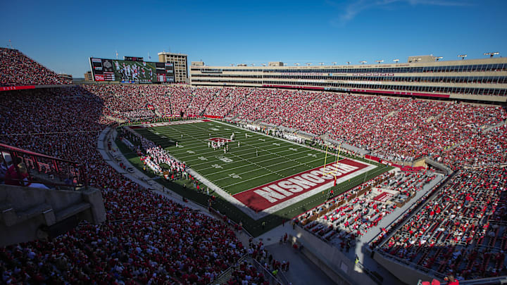 Sep 7, 2024; Madison, Wisconsin, USA;  General view of Camp Randall Stadium during the third quarter of the game between the South Dakota Coyotes and Wisconsin Badgers. Mandatory Credit: Jeff Hanisch-Imagn Images