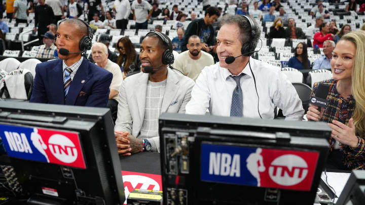 May 1, 2024; Los Angeles, California, USA; TNT analysts Reggie Miller and Jamal Crawford, play-by-play announcer Kevin Harland and reporter Allie LaForce during the 2024 NBA playoffs at Crypto.com Arena. 