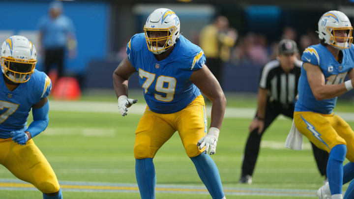 Sep 11, 2022; Inglewood, California, USA; Los Angeles Chargers offensive tackle Trey Pipkins III (79) against the Las Vegas Raiders in the second half at SoFi Stadium. Mandatory Credit: Kirby Lee-USA TODAY Sports