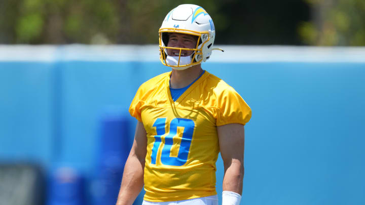 May 29, 2024; Costa Mesa, CA, USA; Los Angeles Chargers quarterback Justin Herbert (10) during organized team activities at Hoag Performance Center. Mandatory Credit: Kirby Lee-USA TODAY Sports