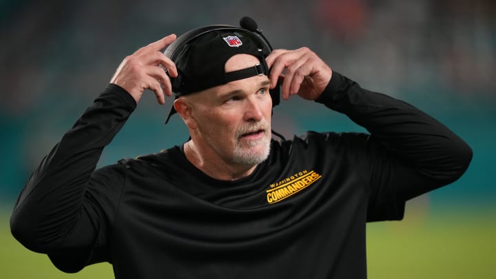 Aug 17, 2024; Miami Gardens, Florida, USA;  Washington Commanders head coach Dan Quinn along the sideline during the third quarter against the Miami Dolphins at Hard Rock Stadium. Mandatory Credit: Jim Rassol-USA TODAY Sports