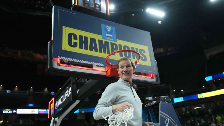 Mar 16, 2024; Las Vegas, NV, USA; Oregon Ducks head coach Dana Altman celebrates after the Pac-12 Championship game against the Colorado Buffaloes at T-Mobile Arena. Mandatory Credit: Kirby Lee-USA TODAY Sports Mar 16, 2024; Las Vegas, NV, USA; Oregon Ducks head coach Dana Altman celebrates after the Pac-12 Championship game against the Colorado Buffaloes at T-Mobile Arena. Mandatory Credit: Kirby Lee-USA TODAY Sports