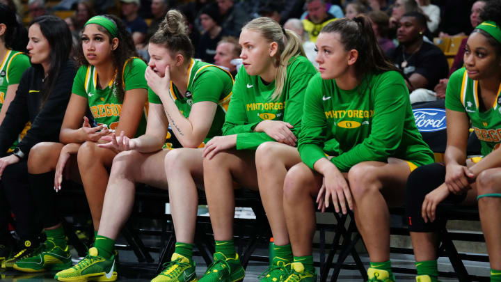 Feb 9, 2024; Boulder, Colorado, USA; General view of the Oregon Ducks bench during the second half against the Colorado Buffaloes at CU Events Center. Mandatory Credit: Ron Chenoy-Imagn Images