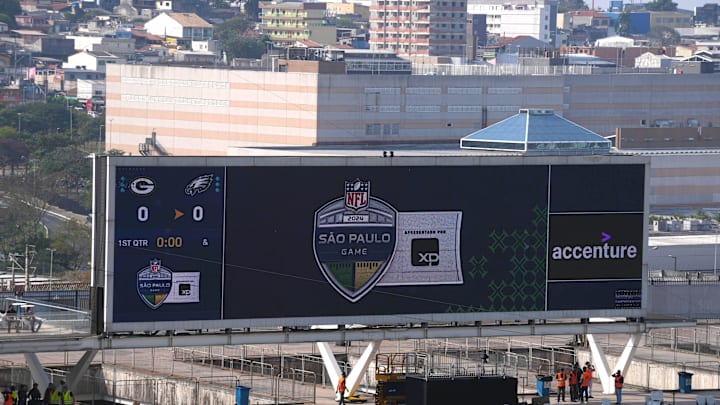 Sep 5, 2024; Sao Paolo, Brazil; The scoreboard at Neo Química Arena prior to the 2024 NFL Sao Paolo game between the Philadelphia Eagles and the Green Bay Packers. 