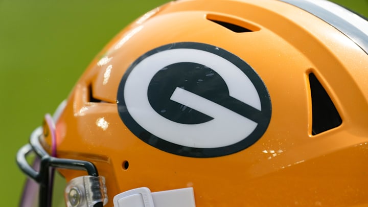 Aug 24, 2024; Green Bay, Wisconsin, USA;  General view of a Green Bay Packers helmet during warmups prior to the game against the Baltimore Ravens at Lambeau Field. Mandatory Credit: Jeff Hanisch-Imagn Images