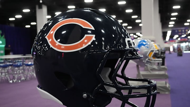 Feb 9, 2024; Las Vegas, NV, USA; A large Chicago Bears helmet at the NFL Experience at the Mandalay Bay South Convention Center. Mandatory Credit: Kirby Lee-Imagn Images