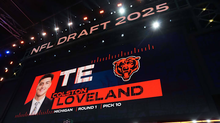 Michigan Wolverines tight end Colston Loveland is selected as the No. 10 pick during the NFL Draft at Lambeau Field. Michigan Wolverines tight end Colston Loveland is selected as the No. 10 pick during the NFL Draft at Lambeau Field.