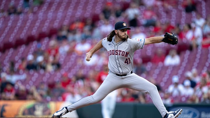 Spencer Arrighetti (41) delivers the pitch in the first inning of the MLB game between the Cincinnati Reds and Houston Astros at Great American Ball Park in Cincinnati on Wednesday, Sept. 4, 2024.