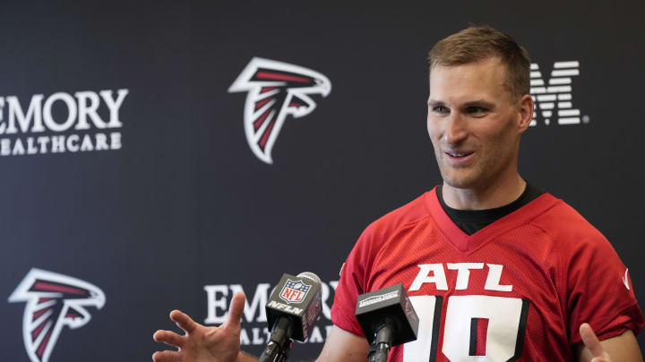 Jun 3, 2024; Atlanta, GA, USA; Atlanta Falcons quarterback Kirk Cousins (18) is interviewed after Falcons OTA at the Falcons Training facility. Mandatory Credit: Dale Zanine-USA TODAY Sports