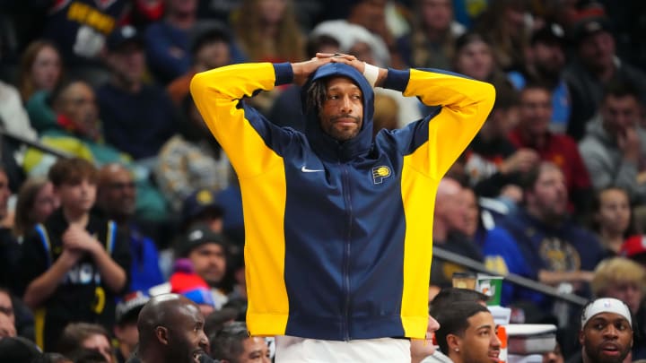 Jan 14, 2024; Denver, Colorado, USA; Indiana Pacers forward James Johnson (16) reacts in the second quarter against the Denver Nuggets at Ball Arena. Mandatory Credit: Ron Chenoy-USA TODAY Sports