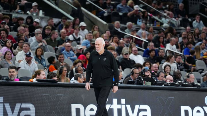 Mar 3, 2024; San Antonio, Texas, USA; San Antonio Spurs head coach Gregg Popovich walks the sideline in the first half against the Indiana Pacers at Frost Bank Center. Mandatory Credit: Daniel Dunn-USA TODAY Sports