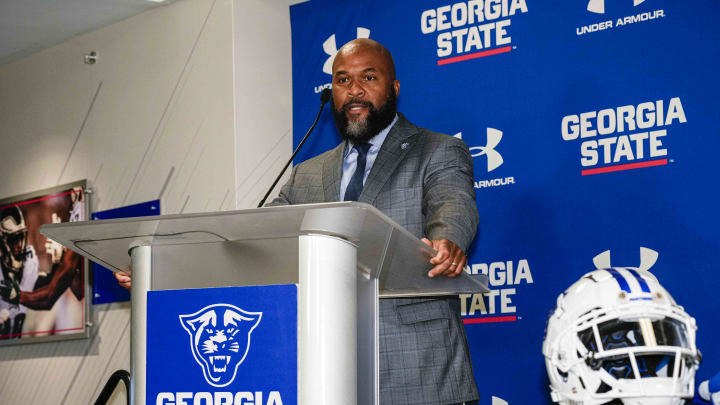 Feb 26, 2024; Atlanta, GA, USA; Georgia State Panthers head football coach Dell McGee addresses the media at the press conference announcing his hiring at Center Parc Stadium. Mandatory Credit: Dale Zanine-USA TODAY Sports