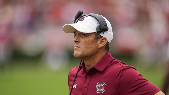 Sep 16, 2023; Athens, Georgia, USA; South Carolina Gamecocks head coach Shane Beamer shown during the game against the Georgia Bulldogs during the first half at Sanford Stadium. Mandatory Credit: Dale Zanine-USA TODAY Sports