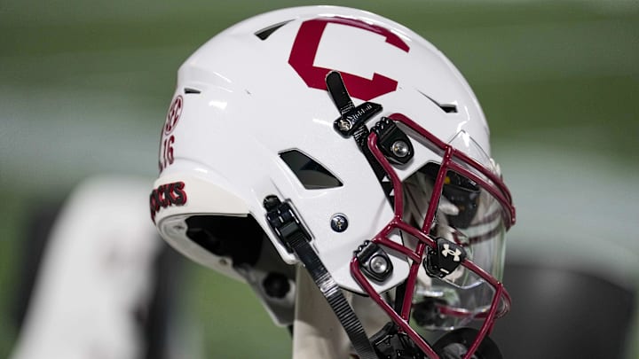 Sep 2, 2023; Charlotte, North Carolina, USA; South Carolina Gamecocks helmet for the game against the North Carolina Tar Heels is seen during the second half at Bank of America Stadium. Mandatory Credit: Jim Dedmon-Imagn Images