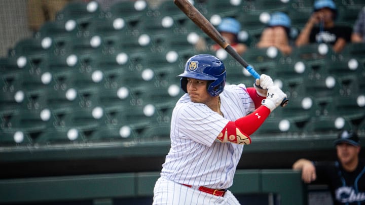 Iowa Cubs catcher Moises Ballesteros steps up to bat against Cleveland on Thursday, Aug. 15, 2024, at Principal Park.