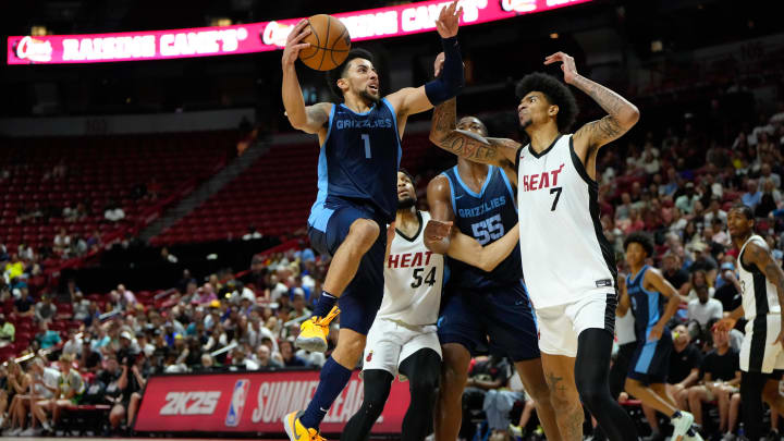 Jul 22, 2024; Las Vegas, NV, USA; Memphis Grizzlies guard Scotty Pippen Jr. (1) attempts to score a layup against Miami Heat center Kel’el Ware (7) during the second half at Thomas & Mack Center. Mandatory Credit: Lucas Peltier-USA TODAY Sports