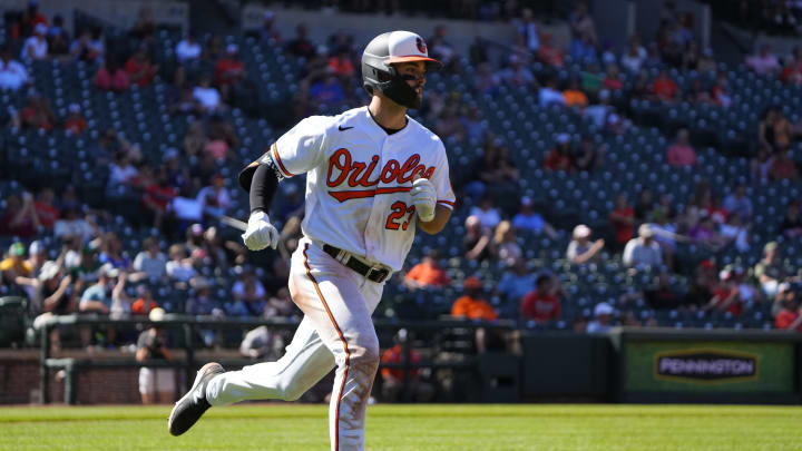 Baltimore Orioles right fielder Terrin Vavra (23) runs out a single against the Oakland Athletics during the eighth inning at Oriole Park at Camden Yards in 2023.