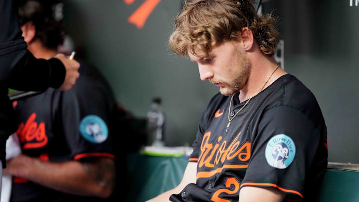 Sep 7, 2024; Baltimore, Maryland, USA; Baltimore Orioles shortstop Gunnar Henderson (2) studies video in between innings against the Tampa Bay Rays at Oriole Park at Camden Yards.