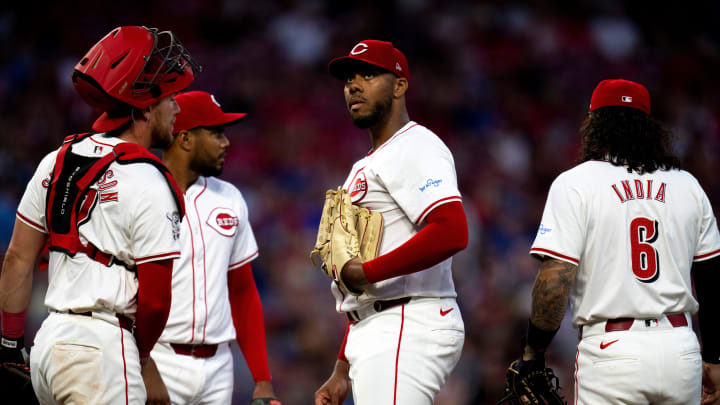 Cincinnati Reds pitcher Hunter Greene (21) stands at the mound before being relieved with the lead in the seventh inning of the MLB game between the Cincinnati Reds and the Chicago Cubs at Great American Ball Park in Cincinnati on Thursday, June 6, 2024.