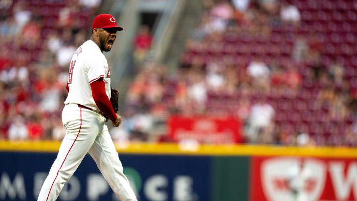 Cincinnati Reds starting pitcher Hunter Greene (21) reacts to striking out the last better in the top of the sixth inning of the MLB game between the Cincinnati Reds and the St. Louis Cardinals at Great American Ball Park in Cincinnati on Tuesday, Aug. 13, 2024.