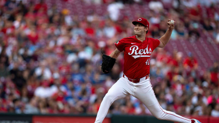 Cincinnati Reds starting pitcher Nick Lodolo (40) pitches in the second inning of the MLB game between the Cincinnati Reds and Kansas City Royals at Great American Ball Park in Cincinnati on Saturday, Aug. 17, 2024.