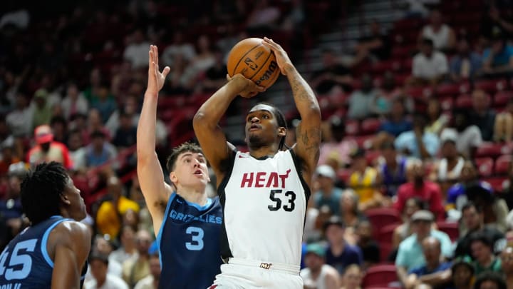 Jul 22, 2024; Las Vegas, NV, USA; Miami Heat guard Josh Christopher (53) shoots the ball against Memphis Grizzlies forward Jake LaRavia (3) during the first half at Thomas & Mack Center. Mandatory Credit: Lucas Peltier-USA TODAY Sports