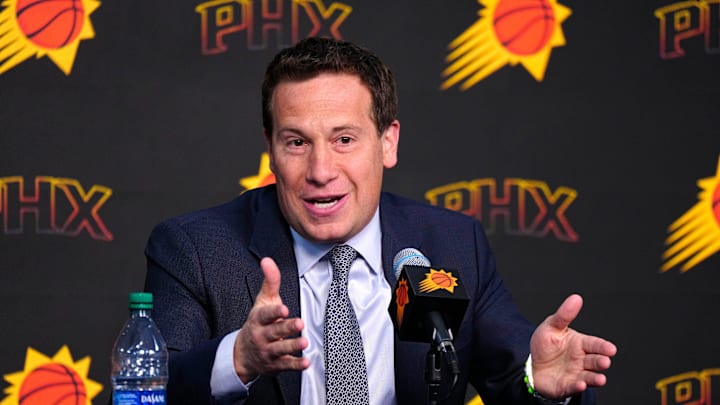 Suns owner Mat Ishbia speaks with the press during a news conference at Footprint Center in Phoenix on May 1, 2024.