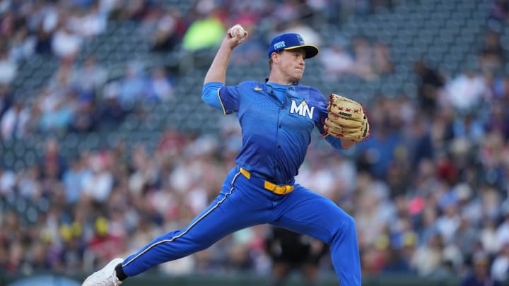 Minnesota Twins starting pitcher Louie Varland (37) delivers a pitch during the first inning against the Cleveland Guardians at Target Field in Minneapolis on Aug. 9, 2024.