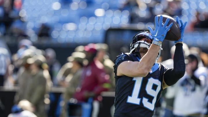 Carolina Panthers wide receiver Adam Thielen (19) makes a catch during pregame warm ups against the Tampa Bay Buccaneers at Bank of America Stadium in Charlotte, N.C., on Jan. 7, 2024. 