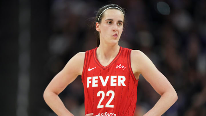 Jun 19, 2025; San Francisco, California, USA; Indiana Fever guard Caitlin Clark (22) reacts during the fourth quarter against the Golden State Valkyries at Chase Center. Mandatory Credit: Darren Yamashita-Imagn Images Jun 19, 2025; San Francisco, California, USA; Indiana Fever guard Caitlin Clark (22) reacts during the fourth quarter against the Golden State Valkyries at Chase Center. Mandatory Credit: Darren Yamashita-Imagn Images