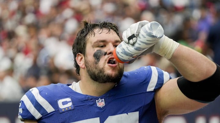 Sep 17, 2023; Houston, Texas, USA; Indianapolis Colts guard Quenton Nelson (56) drinks water on the sideline during a game against the Houston Texans at NRG Stadium. Mandatory Credit: Jenna Watson-Imagn Images