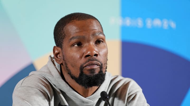 Jul 25, 2024; Paris, France; USA basketball player Kevin Durant talks to the media during a press conference. Mandatory Credit: Kirby Lee-USA TODAY Sports