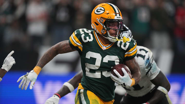 Sep 6, 2024; Sao Paulo, BRA; Green Bay Packers cornerback Jaire Alexander (23) runs during the second half against the Philadelphia Eagles at Neo Quimica Arena. Mandatory Credit: Kirby Lee-Imagn Images